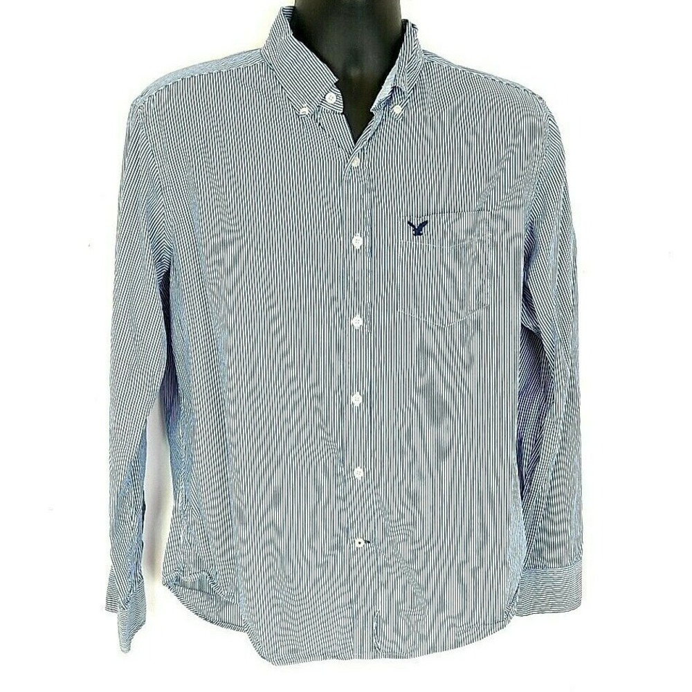 American Eagle Button Up Shirt Mens M Blue Stripe Long Slv Collared Pocket